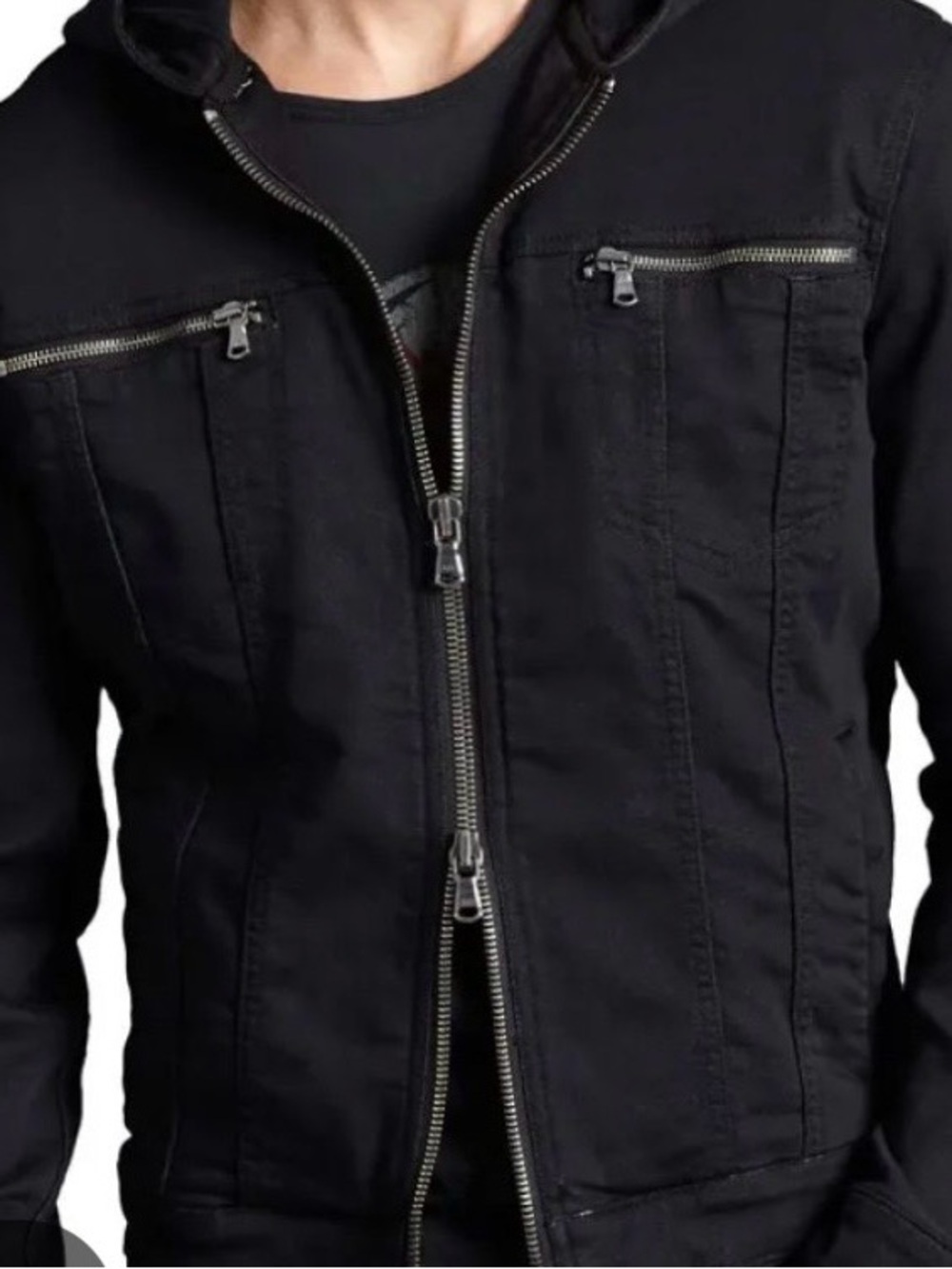 Mens John Varvatos Star USA Hooded Denim Moto Jacket in black. M